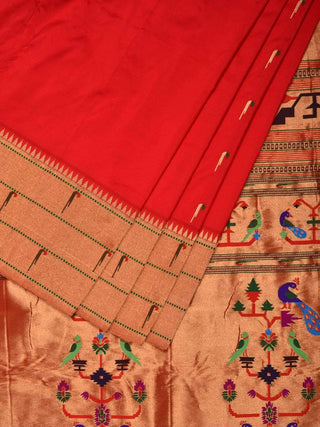 Red Paithani Silk Handloom Saree with Triple Muniya Border Saree - Global Threads - Distacart
