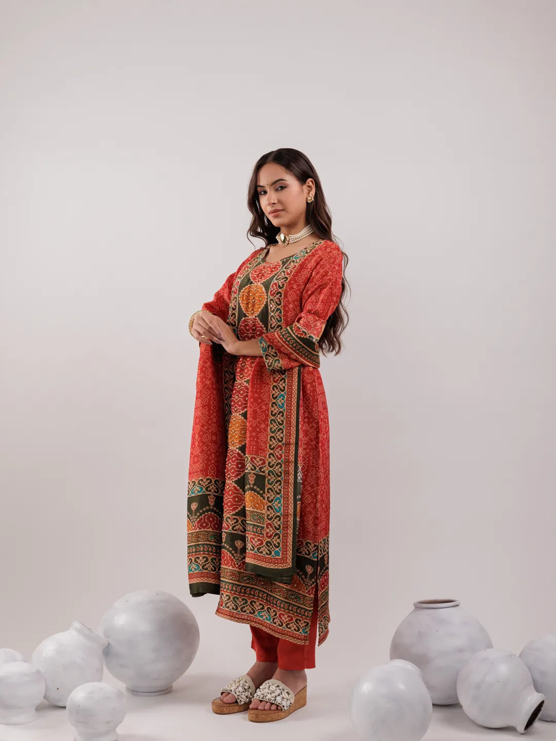 Yufta Red Pure Shimmer Tissue With Pure Viscose Trouser And Shimmer Dupatta - Distacart