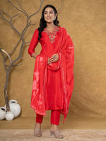 Thumbnail for Yufta Red Pure Uppada Silk Handwork Kurta Dupatta Set