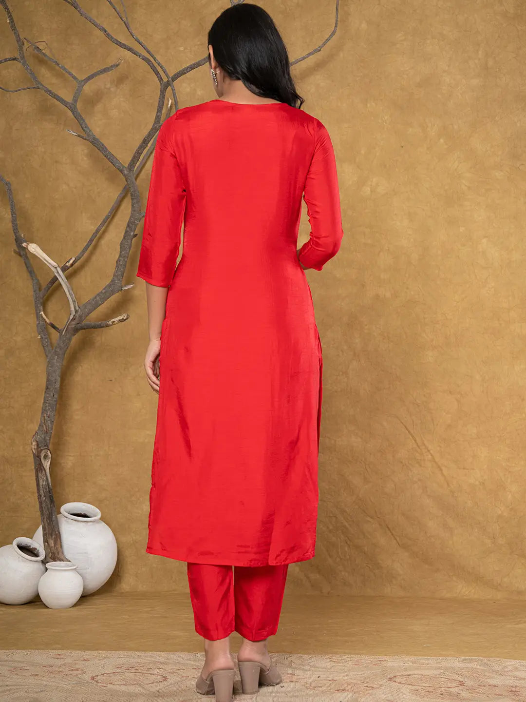 Yufta Red Pure Uppada Silk Handwork Kurta Dupatta Set