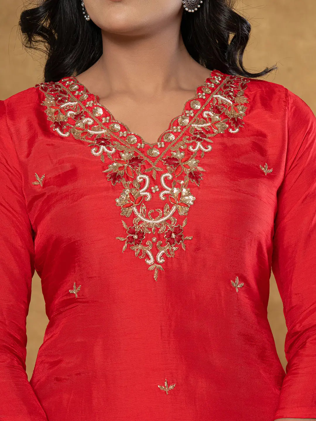 Yufta Red Pure Uppada Silk Handwork Kurta Dupatta Set