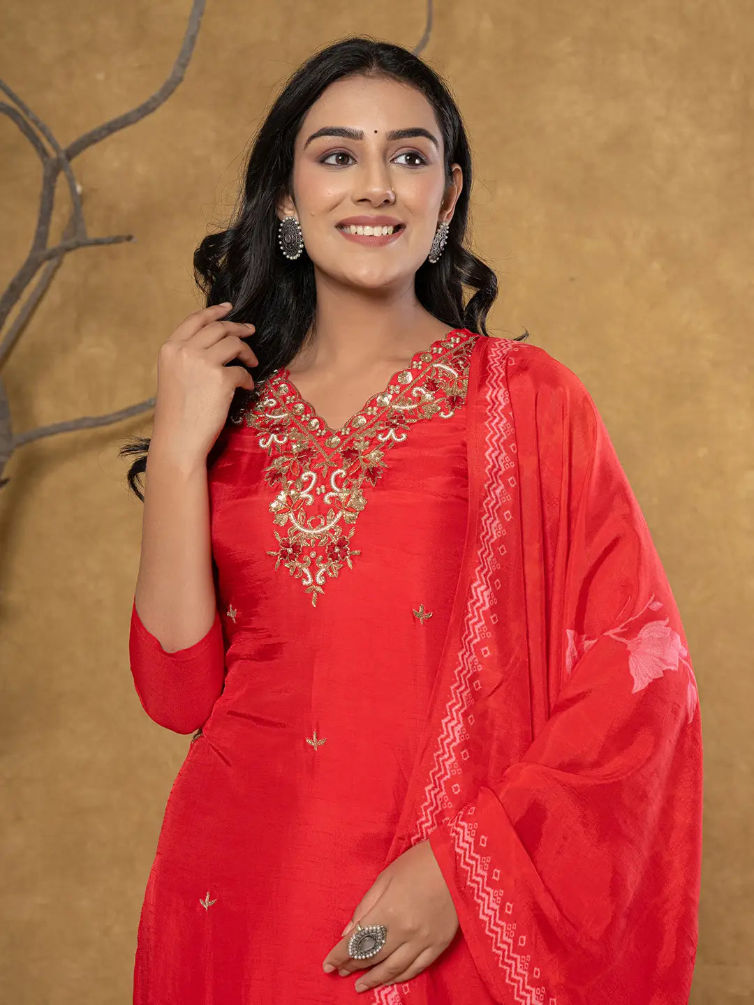 Yufta Red Pure Uppada Silk Handwork Kurta Dupatta Set