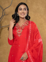 Thumbnail for Yufta Red Pure Uppada Silk Handwork Kurta Dupatta Set