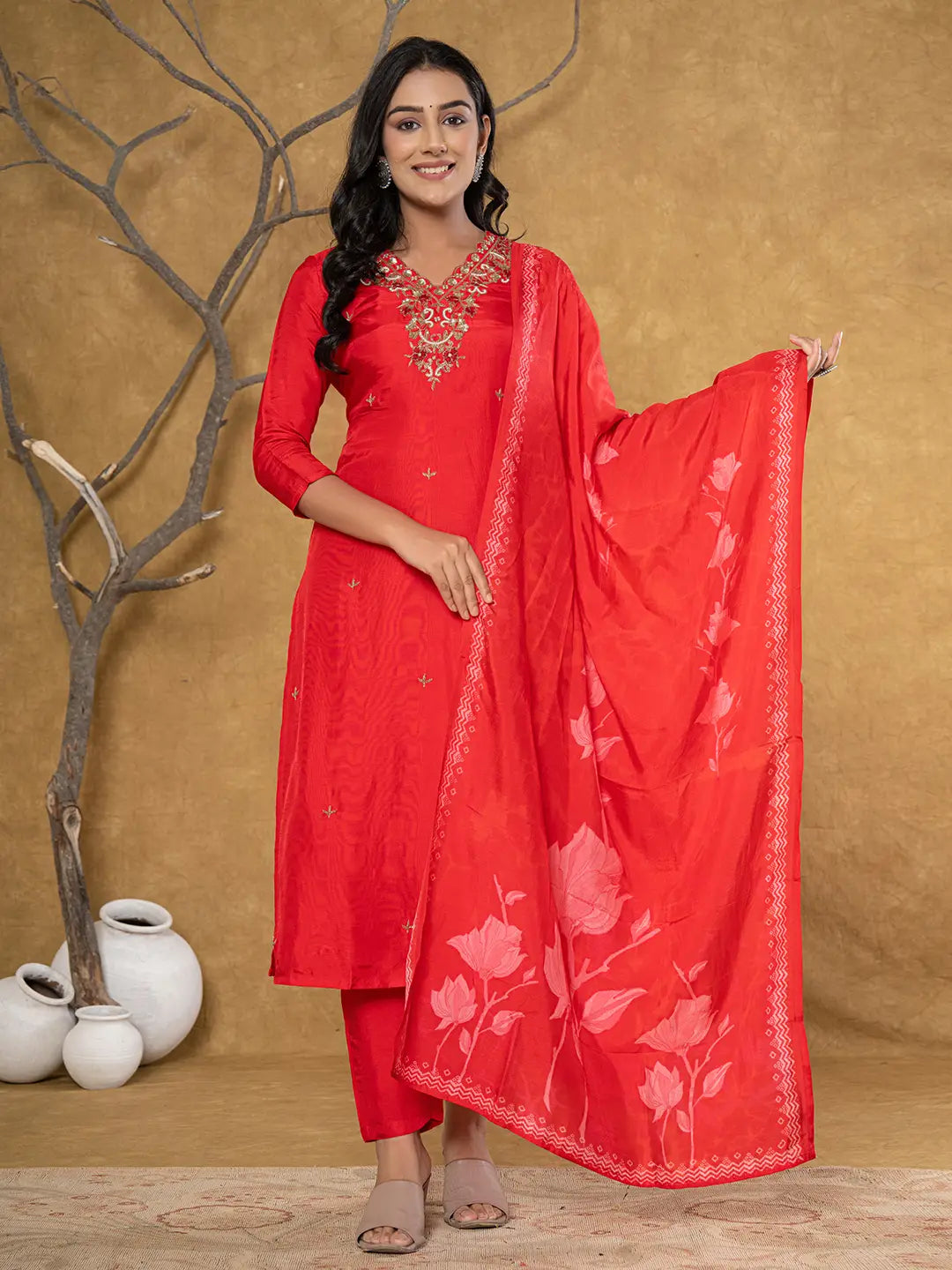 Yufta Red Pure Uppada Silk Handwork Kurta Dupatta Set