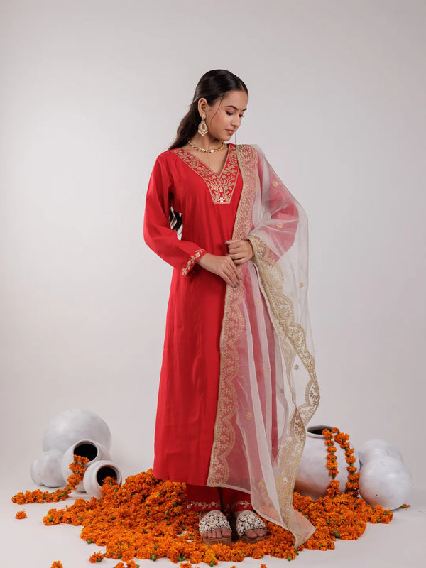 Yufta Red Silk Embroidered Kurta Dupatta Set