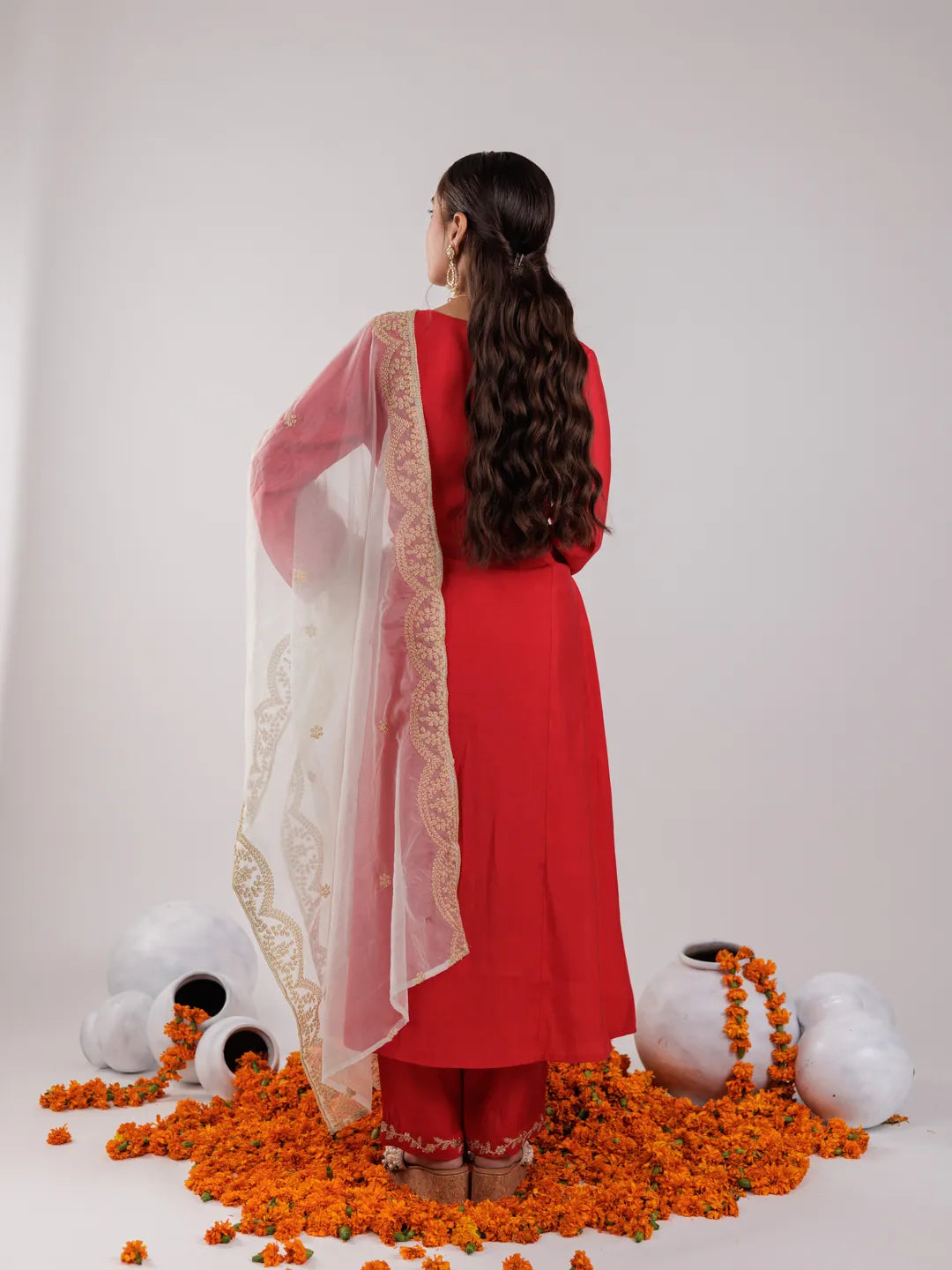 Yufta Red Silk Embroidered Kurta Dupatta Set