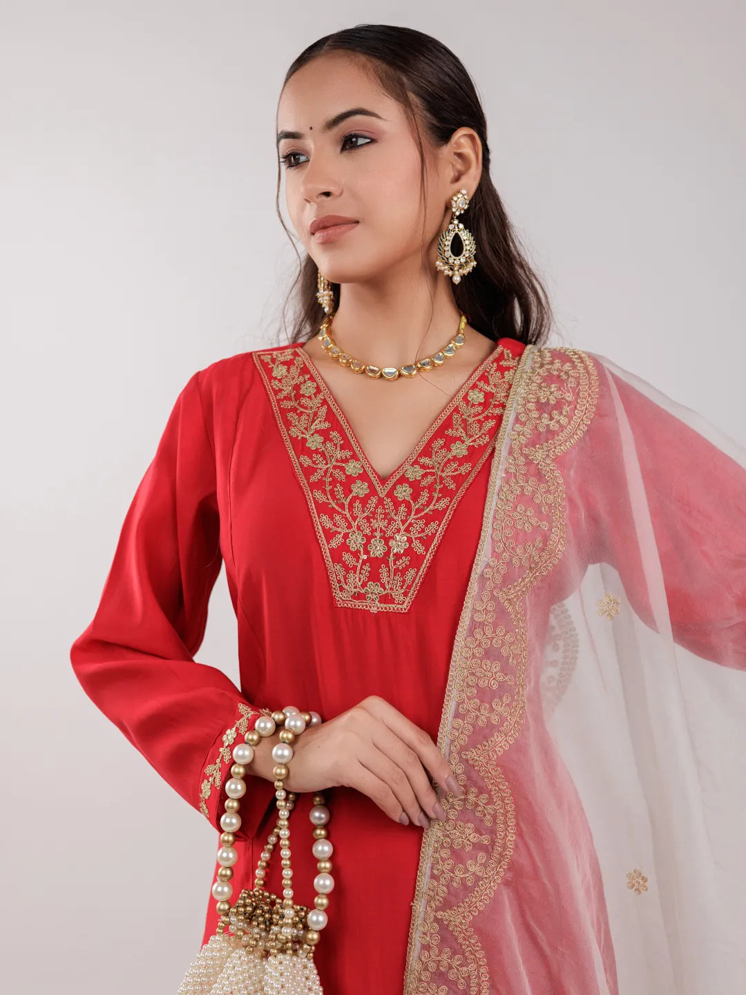Yufta Red Silk Embroidered Kurta Dupatta Set