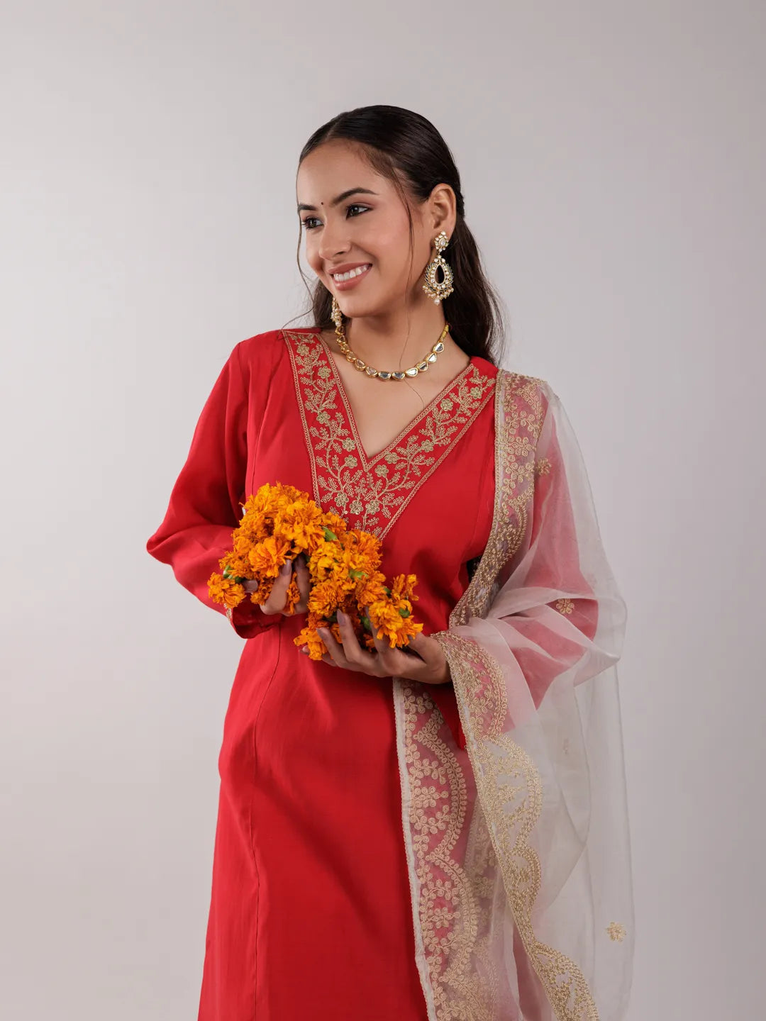Yufta Red Silk Embroidered Kurta Dupatta Set