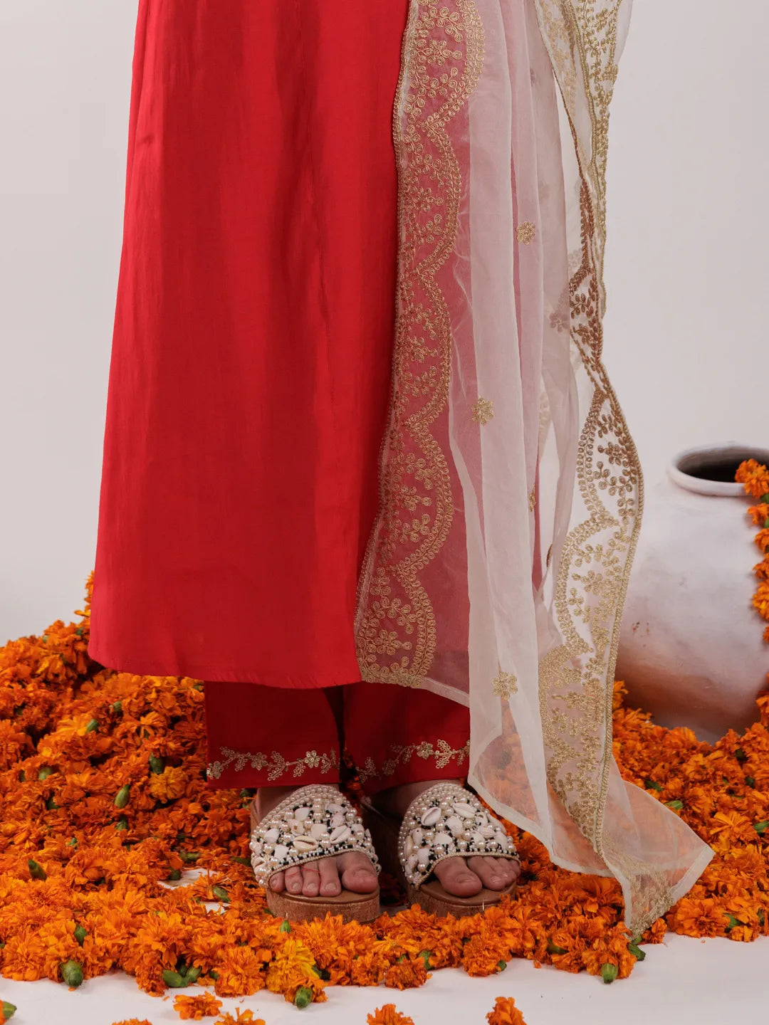 Yufta Red Silk Embroidered Kurta Dupatta Set