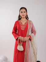 Thumbnail for Yufta Red Silk Embroidered Kurta Dupatta Set