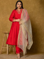 Thumbnail for Yufta Red Silk Embroidered Plus Size Kurta Dupatta Set