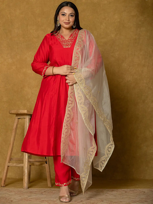 Yufta Red Silk Embroidered Plus Size Kurta Dupatta Set