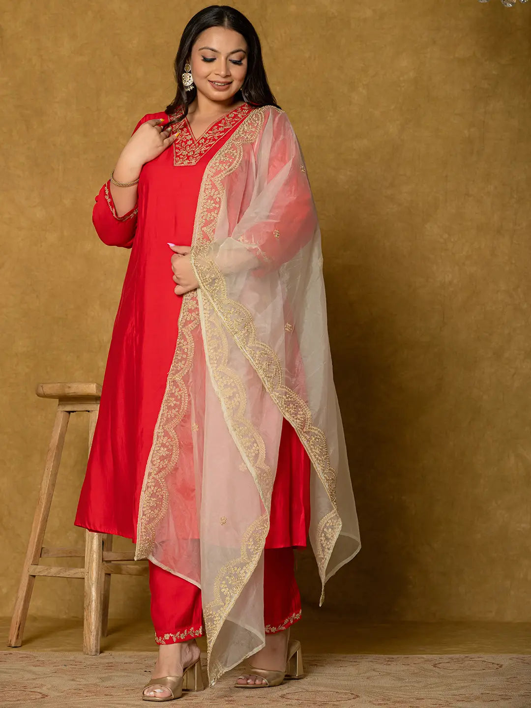 Yufta Red Silk Embroidered Plus Size Kurta Dupatta Set - Distacart