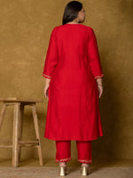 Thumbnail for Yufta Red Silk Embroidered Plus Size Kurta Dupatta Set