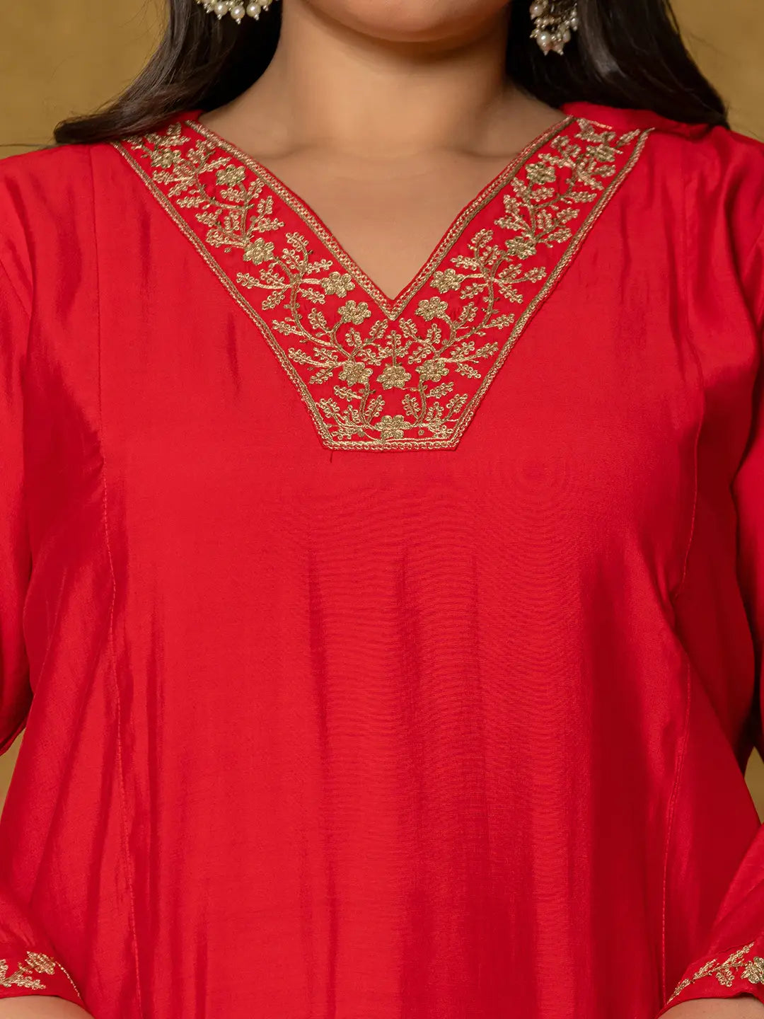 Yufta Red Silk Embroidered Plus Size Kurta Dupatta Set