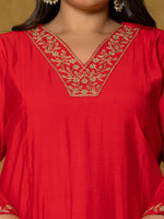 Thumbnail for Yufta Red Silk Embroidered Plus Size Kurta Dupatta Set