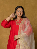 Thumbnail for Yufta Red Silk Embroidered Plus Size Kurta Dupatta Set