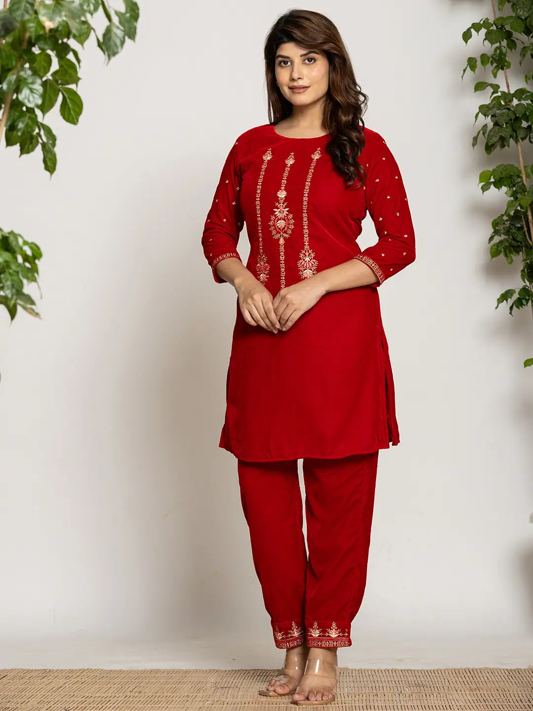 Yufta Red Velvet Embroidered Co-Ord Set With Cotton Lining - Distacart