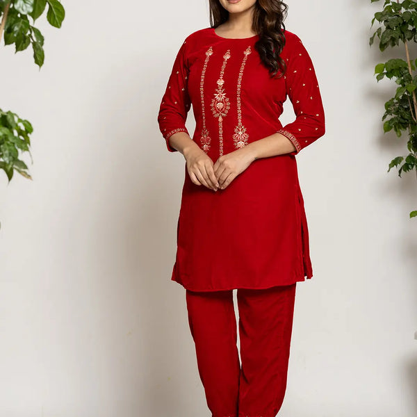 Yufta Red Velvet Embroidered Co-Ord Set With Cotton Lining - Distacart