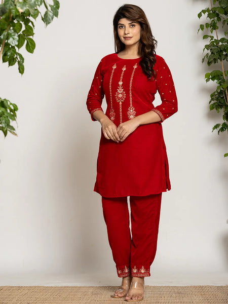 Yufta Red Velvet Embroidered Co-Ord Set With Cotton Lining