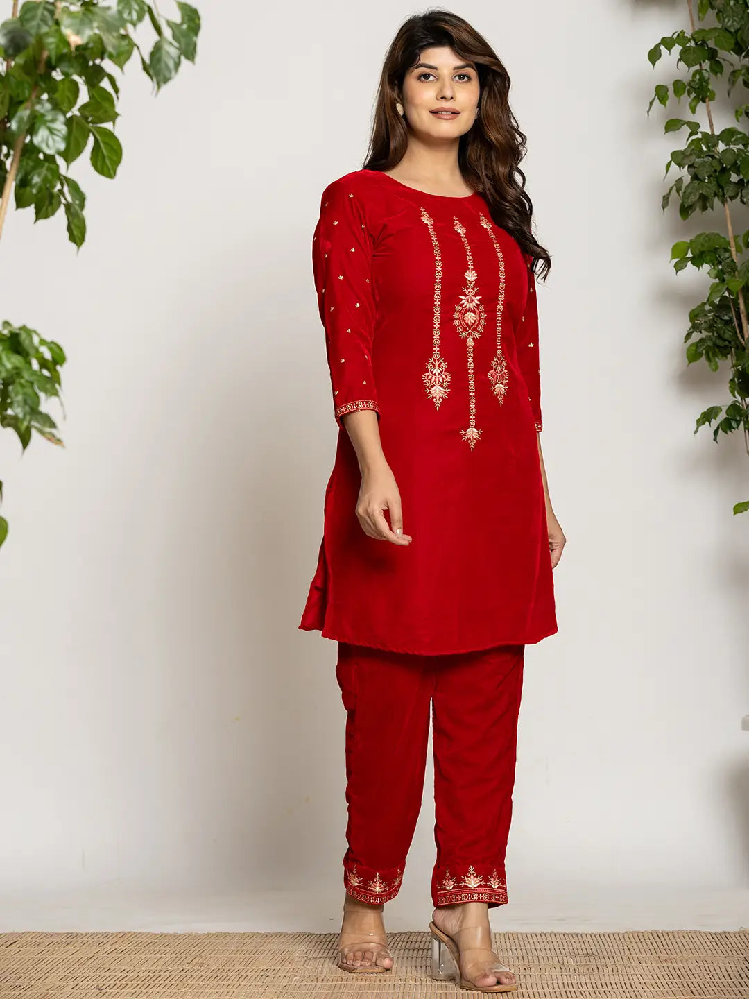 Yufta Red Velvet Embroidered Co-Ord Set With Cotton Lining - Distacart