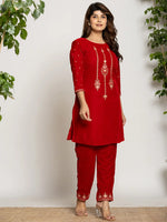Thumbnail for Yufta Red Velvet Embroidered Co-Ord Set With Cotton Lining