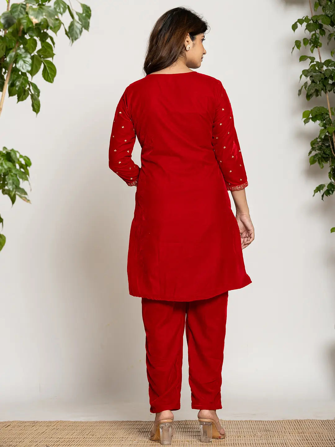 Yufta Red Velvet Embroidered Co-Ord Set With Cotton Lining