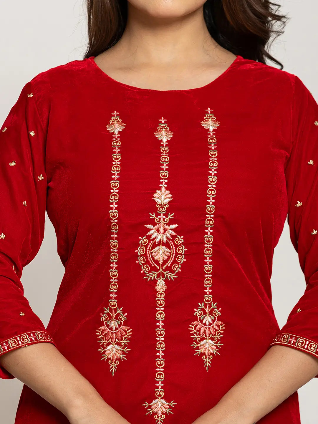Yufta Red Velvet Embroidered Co-Ord Set With Cotton Lining