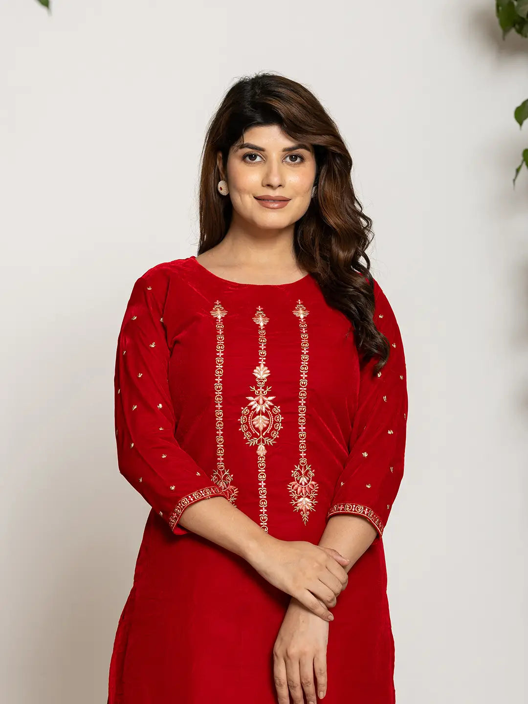Yufta Red Velvet Embroidered Co-Ord Set With Cotton Lining