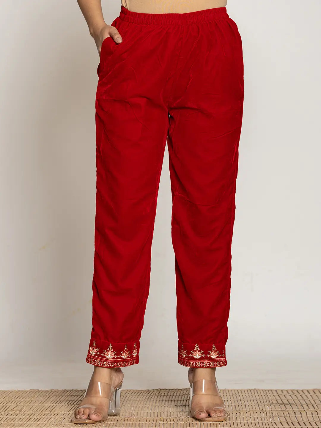 Yufta Red Velvet Embroidered Co-Ord Set With Cotton Lining