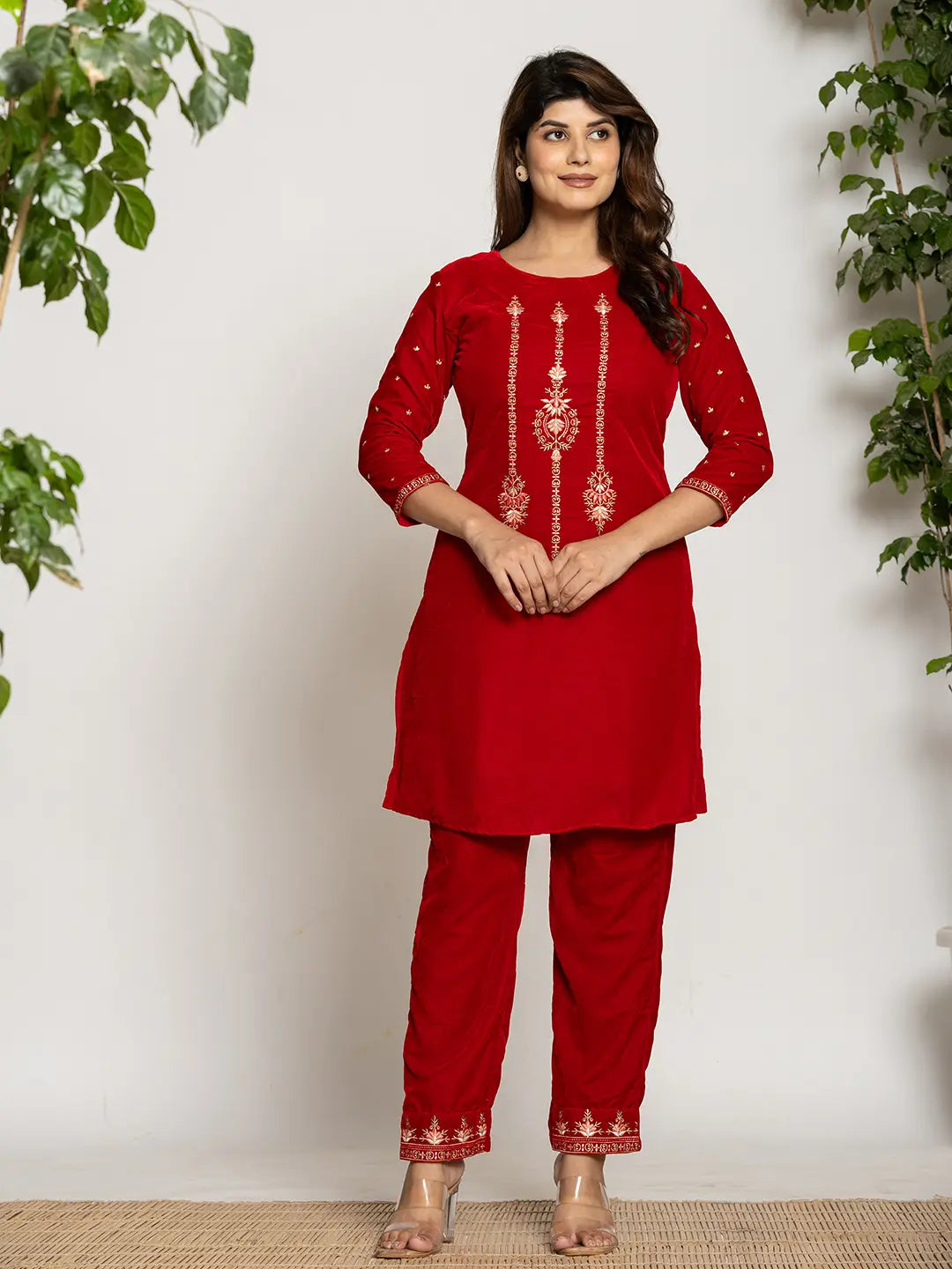 Yufta Red Velvet Embroidered Co-Ord Set With Cotton Lining