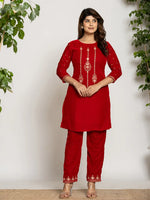 Thumbnail for Yufta Red Velvet Embroidered Co-Ord Set With Cotton Lining