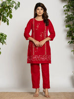 Thumbnail for Yufta Pink Velvet Embroidered Tunic Co-Ord Set With Cotton Lining