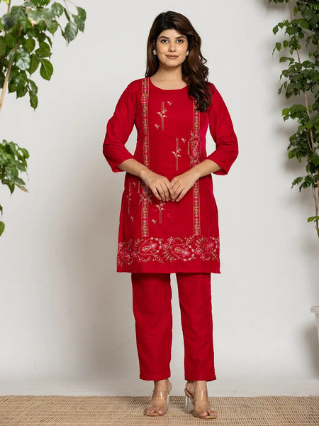 Yufta Pink Velvet Embroidered Tunic Co-Ord Set With Cotton Lining