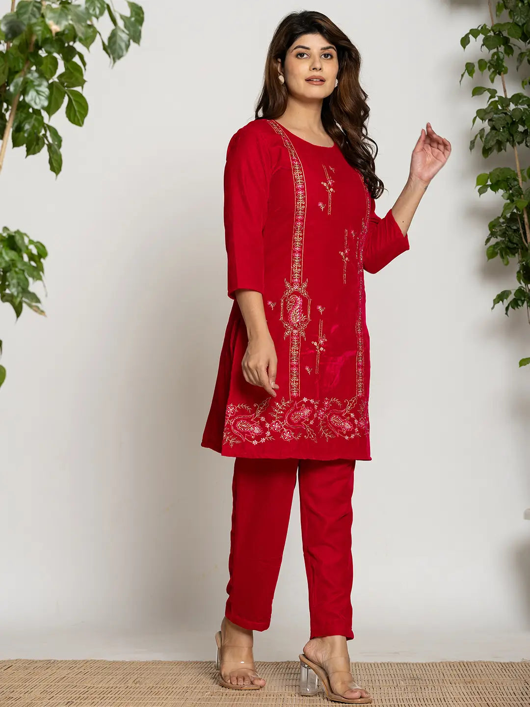 Yufta Pink Velvet Embroidered Tunic Co-Ord Set With Cotton Lining - Distacart