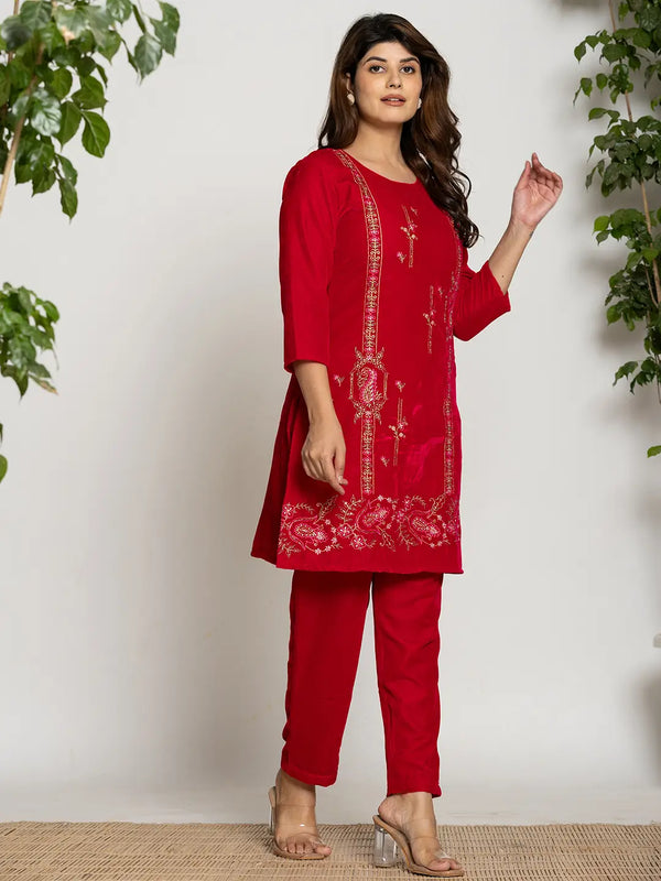 Yufta Pink Velvet Embroidered Tunic Co-Ord Set With Cotton Lining