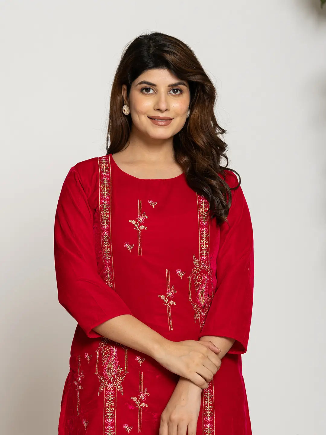 Yufta Pink Velvet Embroidered Tunic Co-Ord Set With Cotton Lining