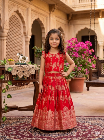 Evanik Red Banarasi Silk Kids Lehenga Choli Set with Zari Jacquard Work for Girls - Dista