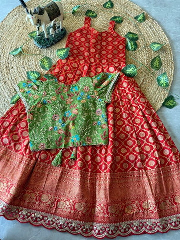 Evanik Festive Wear Red Dola Silk zari and thread weaving Gown With Position Print Koti - Dista