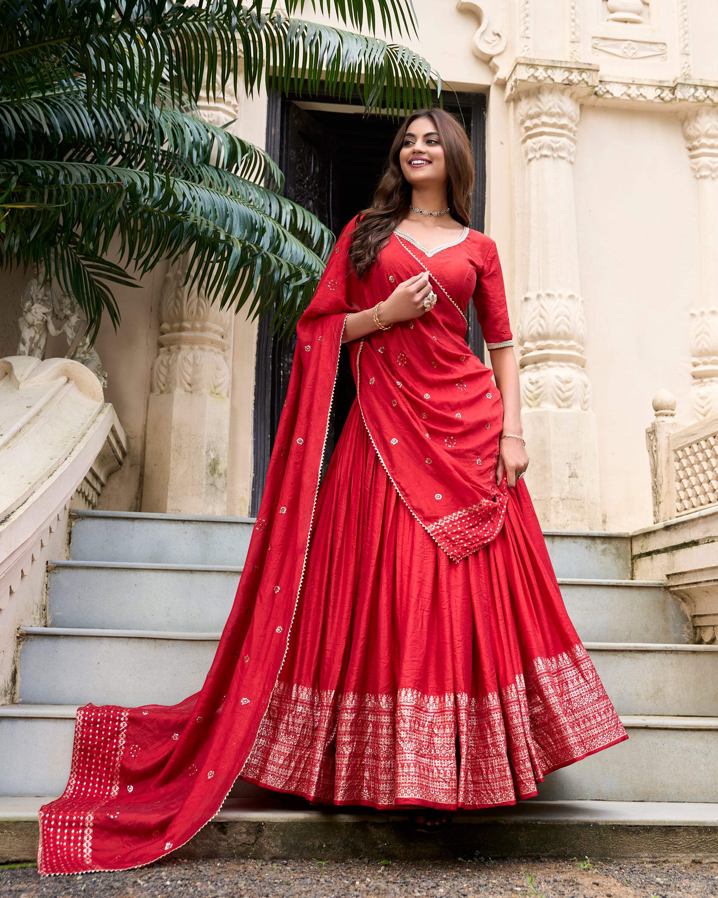 Evanik Women Pure Chanderi Plain With Zari Weaving Work Border Stitched Lehenga With Unstitched Blouse Dupatta(Up to 42)