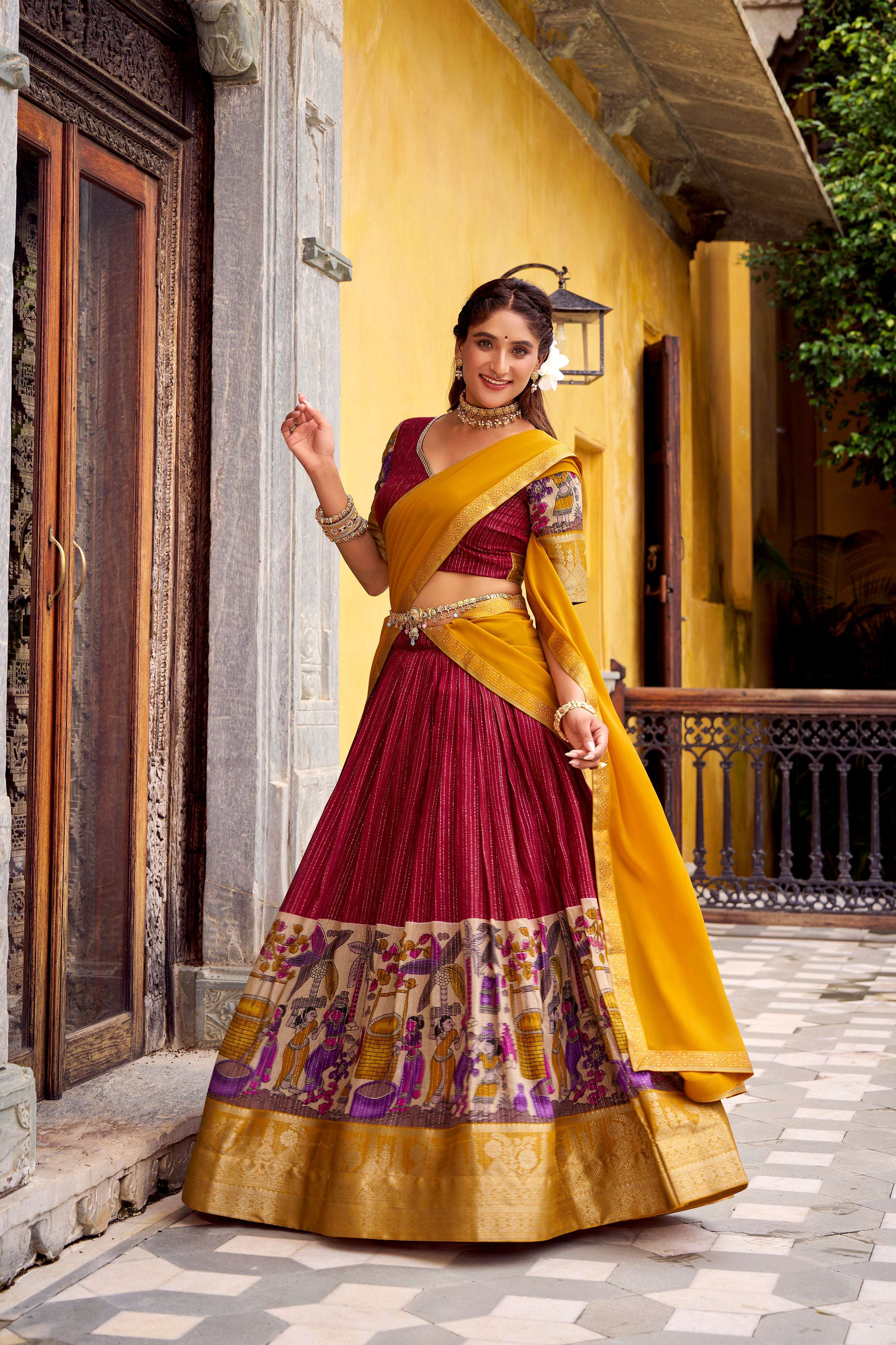 Evanik Red South Style Kalamkari Print Design Zari Work Unstitched Lehenga Choli