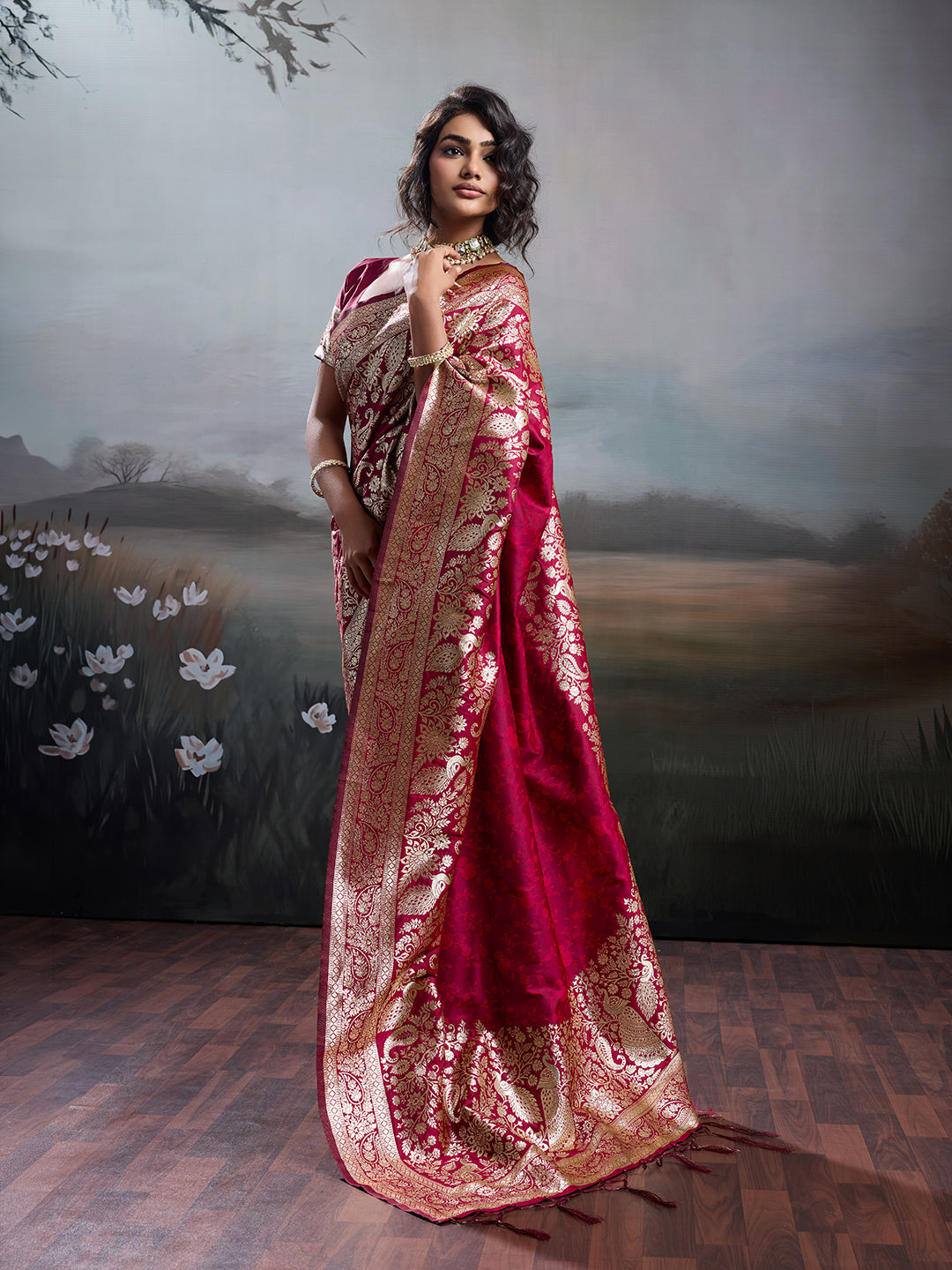 Anaita Red Silk Blend Woven Saree With Blouse - Dista