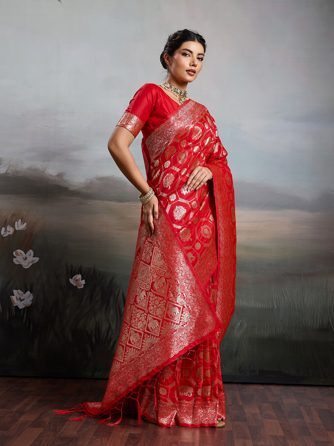 Anaita Red Silk Blend Woven Saree With Blouse - Dista