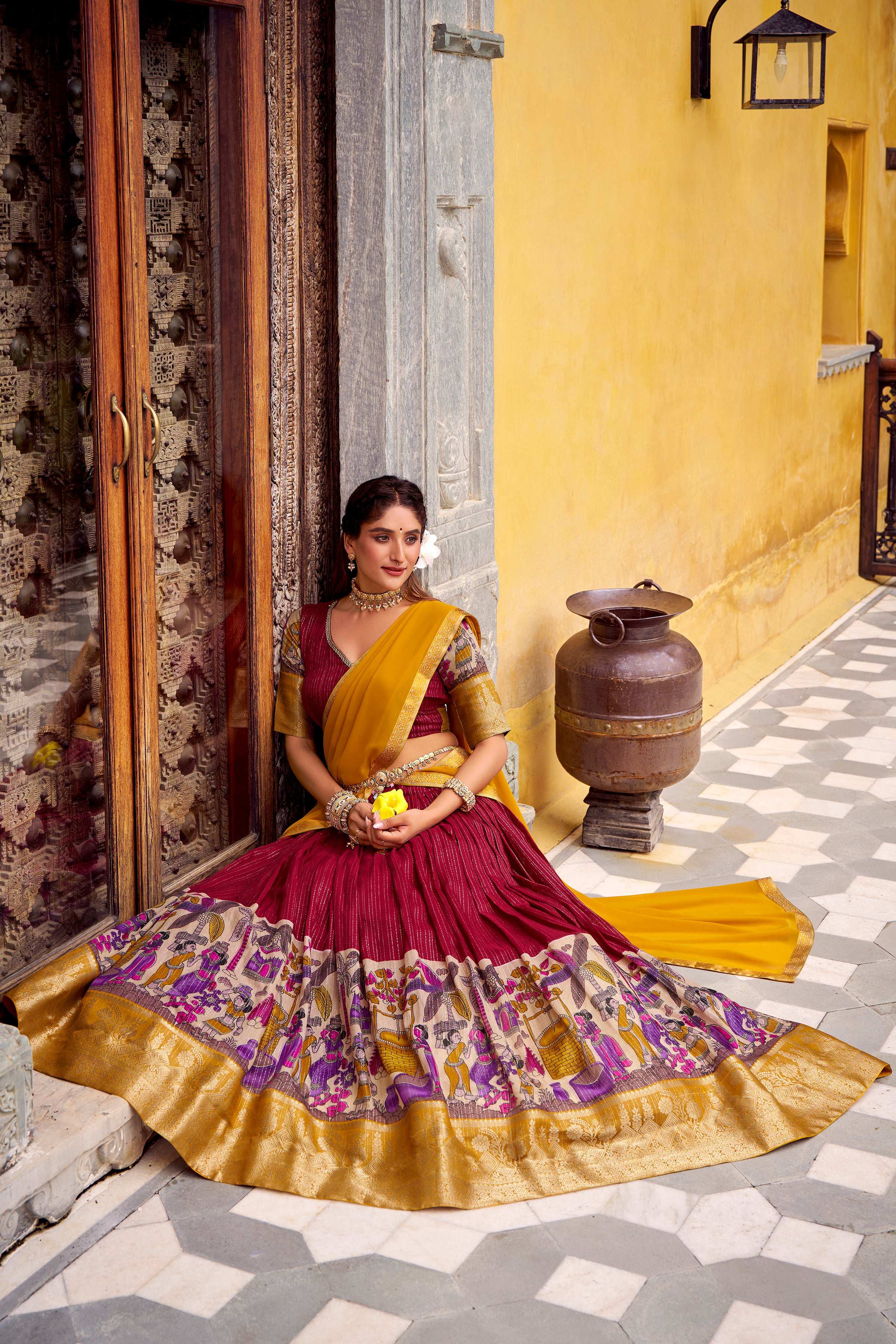Evanik Red South Style Kalamkari Print Design Zari Work Unstitched Lehenga Choli