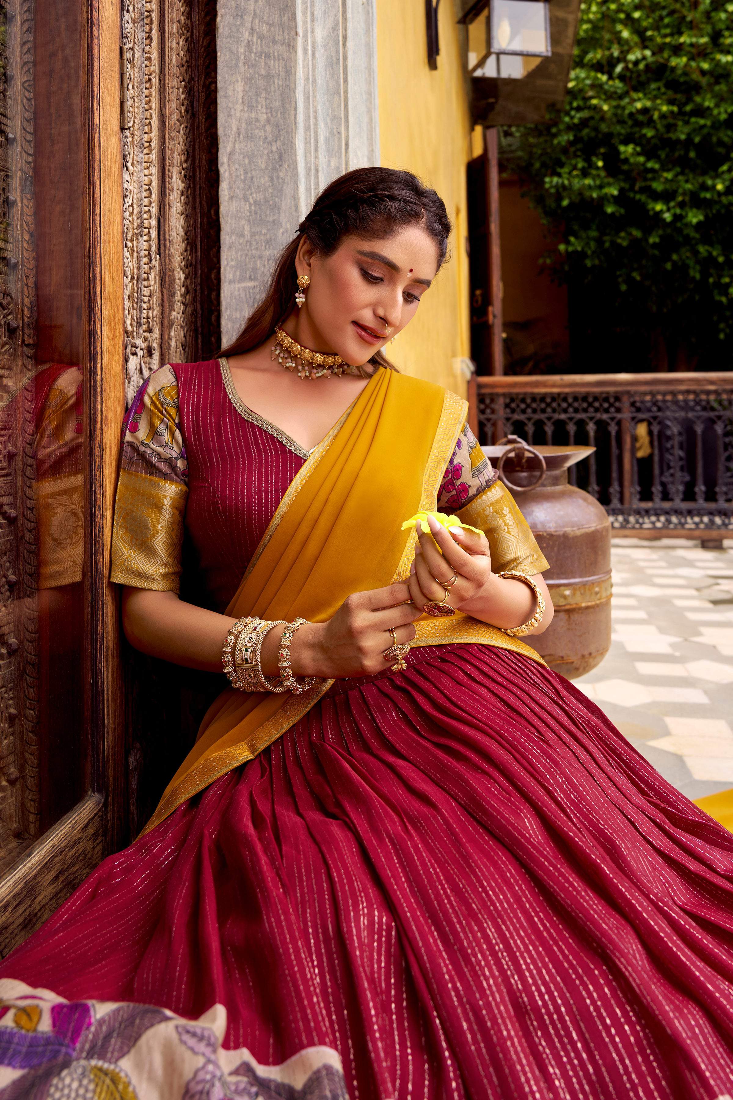 Evanik Red South Style Kalamkari Print Design Zari Work Unstitched Lehenga Choli