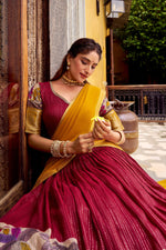 Thumbnail for Evanik Red South Style Kalamkari Print Design Zari Work Unstitched Lehenga Choli