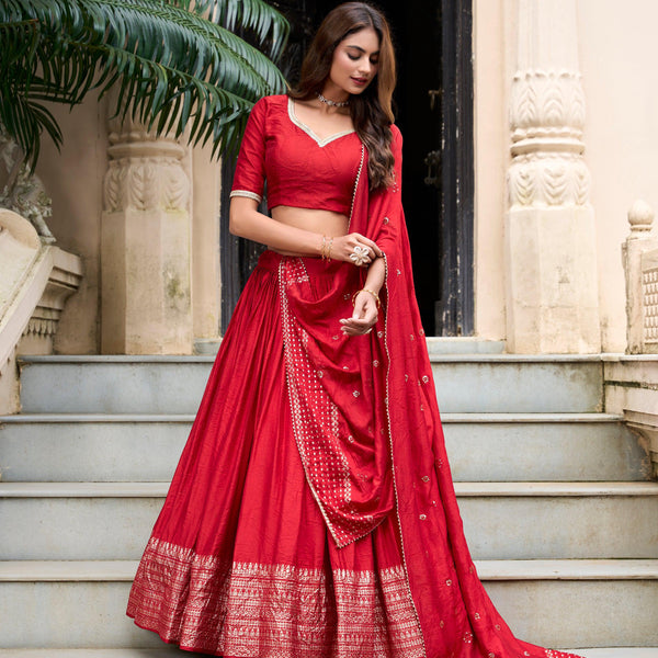 Evanik Women Pure Chanderi Plain With Zari Weaving Work Border Stitched Lehenga With Unstitched Blouse Dupatta(Up to 42)