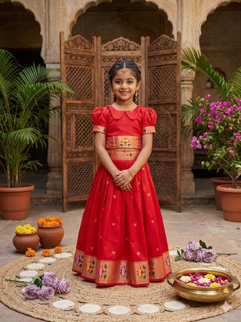 Evanik Red Soft Silk Paithani Design Zari Weaving Pavadai Lehenga Choli For Kids - Dista