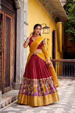 Thumbnail for Evanik Red South Style Kalamkari Print Design Zari Work Unstitched Lehenga Choli