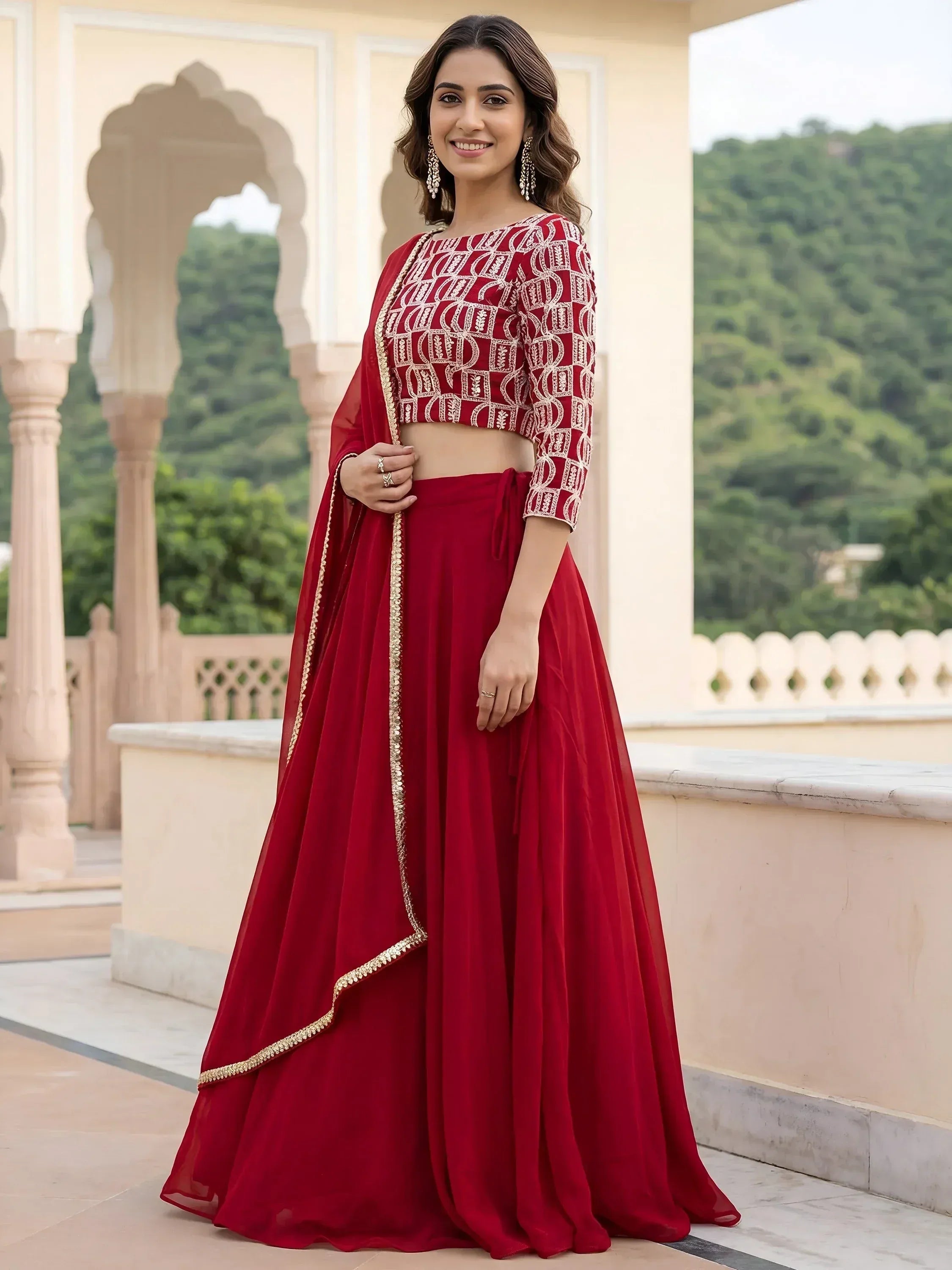 Tulsi Art Outstanding Red Embroidered Georgette Function Wear Lehenga Choli